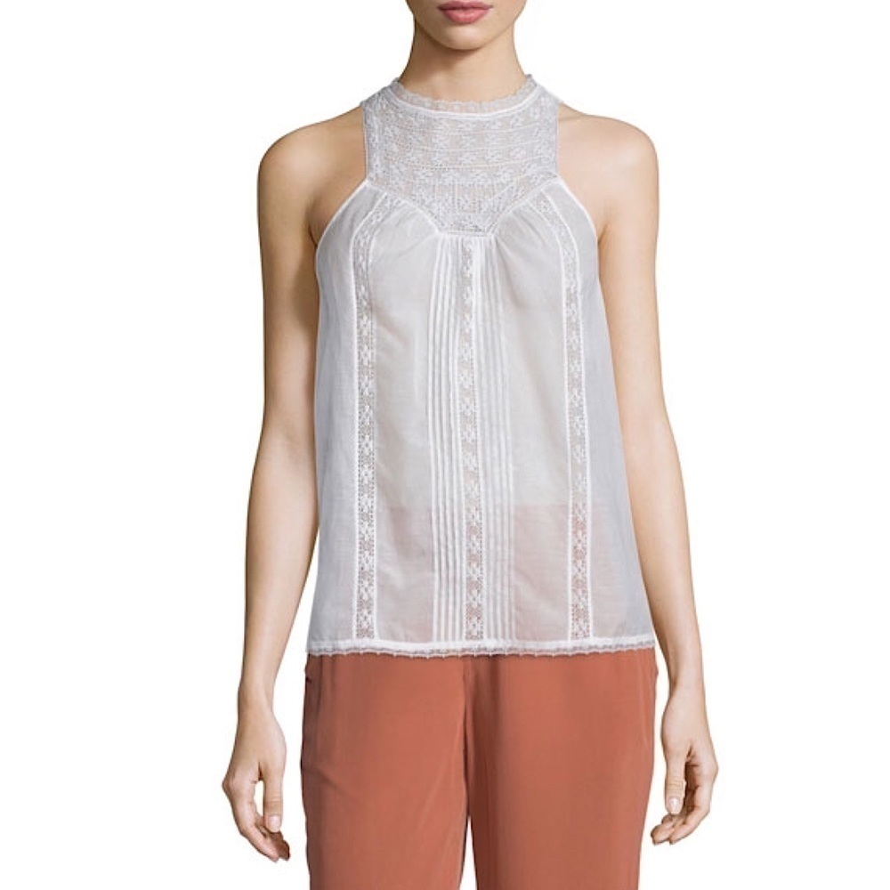 JOIE Floral Lace Halter Style Yoke Crochet Pleat Detail Voile Sleeveless Top XS‎
